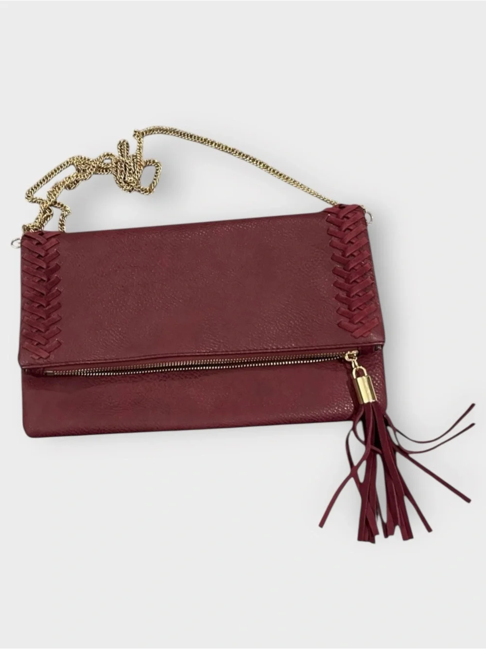 Burgundy Foldover Tassel Crossbody Bag with Chain Strap